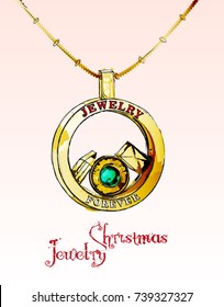 Christmas card. Jewelry christmas. Illustration of a golden pendant with an emerald, a pencil and a mail envelope.