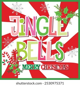Christmas card with jingle bells, candy cane and wreath