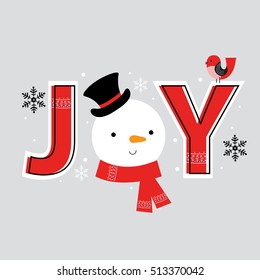 Christmas card with joy typography and cute snowman