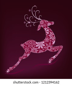 Christmas card with jumping deer filled with snowflake pattern. Winter vector illustration.