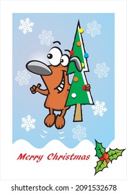 Christmas card, jumping dog and tree, funny illustration, vector design, blue background with snowflakes and holly