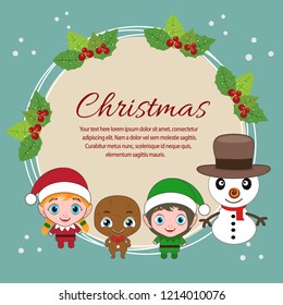 christmas card with kids costume elf snowman
