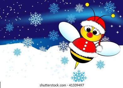 Christmas card for kids with a Santa Claus Bee and snow