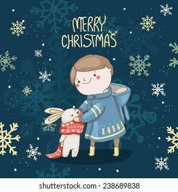 Christmas card with kind boy and a hare on it. Happy New Year and Merry Christmas! 