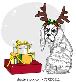 Christmas card. King charles spaniel in a Santa's deer mask and with a big pile of colorful wrapped gift boxes. Vector illustration.