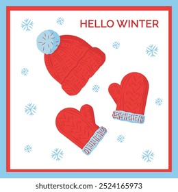 christmas card with knitted hat and mittens in snowflakes	
