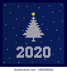 Christmas card with knitted sweater pattern. Cozy New Year banner design on a blue background 