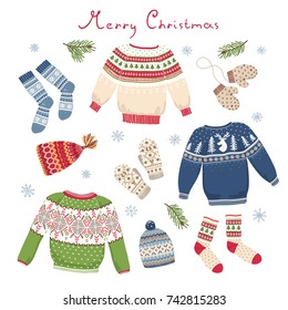 Christmas card with knitted warm jumpers, socks, mittens and hats. Vector holiday illustration in vintage style.