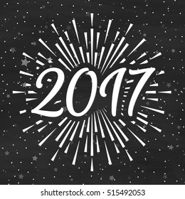 Christmas card with christmas label consisting of sunburst on snow holiday background. Happy New Year. Holiday decoration element. Vector Illustration