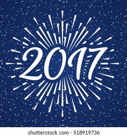Christmas card with christmas label consisting of sunburst on cyan snow holiday background. Happy New Year. decoration element. Vector Illustration