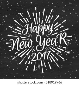 Christmas card with christmas label consisting of sunburst and wish Happy New Year on snow holiday background. Christmas emblem. Holiday decoration element. Vector Illustration
