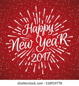 Christmas card with christmas label consisting of sunburst and wish Happy New Year Enjoy on red snow holiday background.  decoration element. Vector Illustration