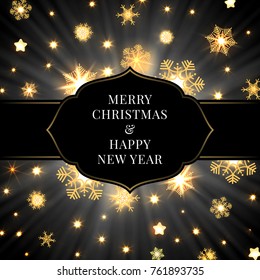 Christmas card with label and snowflakes on dark background, vector illustration