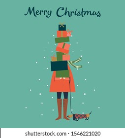 Christmas card of lady with boxes of presents and dog. Vector illustration.  