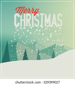 Christmas Card with Landscape - Merry Christmas - Typographic Greeting Design with snowfall