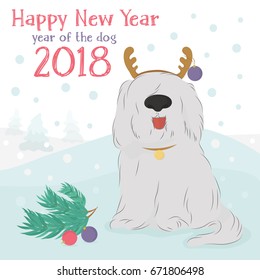 Christmas card with large, shaggy dog breed Bobtail with decorative reindeer and Christmas balls on a blue background with snow.