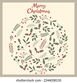 Christmas card with leaves and berries. Vector illustration. 