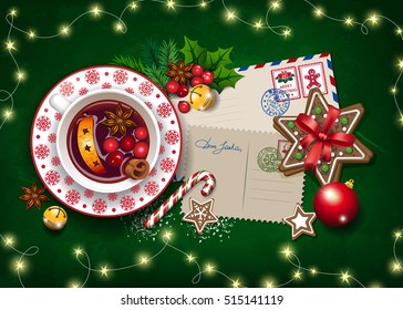 Christmas card Letter to Santa and big cup of hot spices tea or mulled wine with cookies