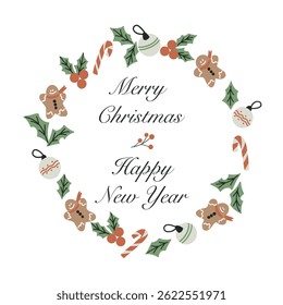 Christmas card with lettering calligraphy and wreath. Christmas wreath with tree balls, gingerbread man, candy and rowan. Merry Christmas and Happy New Year. Hand drawn vector illustration