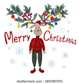 Christmas card. The lettering is drawn - Merry Christmas and in a cartoon style depicts a deer, its antlers -this is a tree with Christmas tree decorations and bows. 