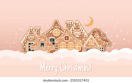 Christmas card with lettering, gingerbread houses in the snow with sky and moon. Illustration in flat cartoon style. Vector
