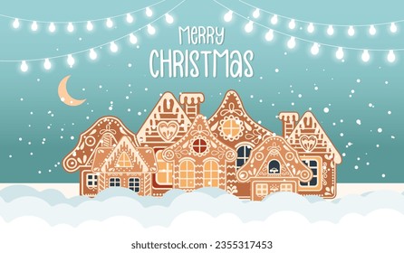 Christmas card with lettering, gingerbread houses in the snow with sky and moon. Illustration in flat cartoon style. Vector