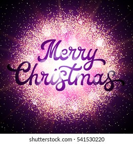 Christmas card with lettering inscription on abstract explosion background with glittering elements and glowing star. Xmas decoration. Holiday firework light with purple glow. Font vector illustration