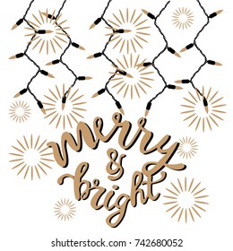 Christmas card with lettering (Marry and Bright) and christmas lights
