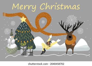 Christmas card with lettering Merry Christmas, a Christmas deer in a sweater, a snowman, a Christmas tree, gifts, snowdrifts, a girl frolics in the snow.