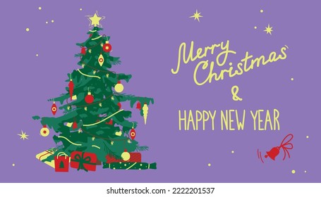 Christmas card with lettering Merry Christmas and Happy new Year. Christmas tree with gifts on purple background.