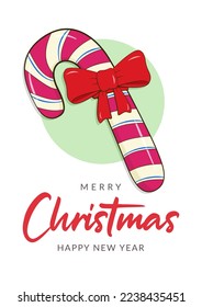 Christmas card with lettering Merry Christmas and Happy New Year. Candy cane with bow. Cartoon. Vector illustration