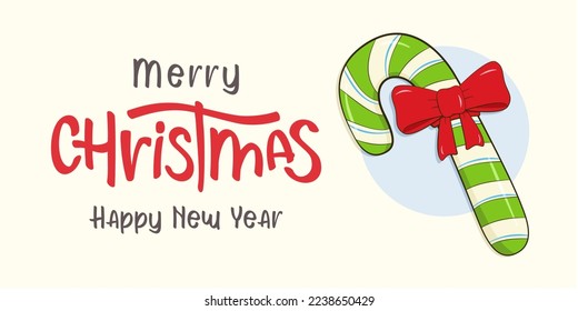 Christmas card with lettering Merry Christmas and Happy New Year. Candy cane with bow. Cartoon. Vector illustration