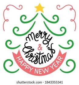 Tarjeta navideña con letras y árbol de navidad monograma. Ilustración abstracta vectorial.