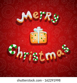 Christmas card with the letters in the form of cookies and candies