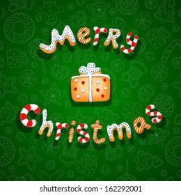 Christmas card with the letters in the form of cookies and candies