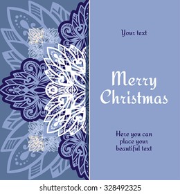 Christmas card lilac color, with large lace snowflakes