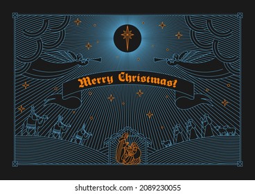 Christmas card. Linear drawing on a dark background. Jesus, Mary, Joseph, shepherds, star and animals. The color of the elements can be changed.