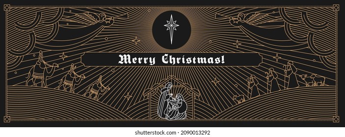 Christmas card. Linear drawing on a dark background. Jesus, Mary, Joseph, shepherds, star and animals. The color of the elements can be changed.
