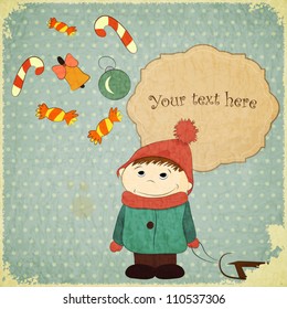 Christmas card -  little boy and vintage Christmas toys on retro background - vector illustration
