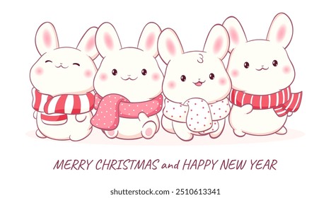 Christmas card with little bunny in kawaii style. Winter holiday card with tiny baby rabbits in scarves. Can be used for t-shirt print, sticker, greeting card. Vector illustration EPS8