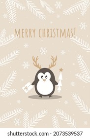 Christmas card with little penguin and snowflakes