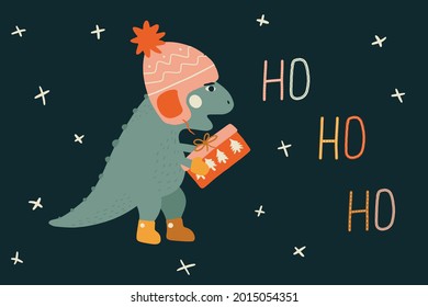 Christmas card with a a little t rex dinosaur. Winter vector illustration with baby dino. Funny character in cartoon hand drawn style. Cute design for greeting card, printing on T-shirt, pillow. 