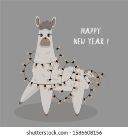Christmas card with a llama and a garland