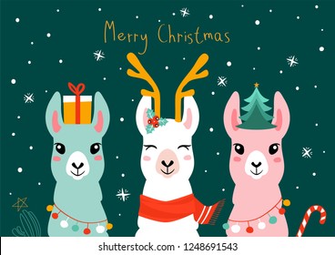 Christmas card with llama. Merry Christmas card