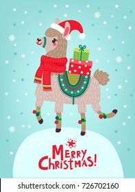 Christmas card with llama. Merry Christmas card