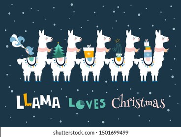 Christmas card with llama. Merry Christmas card. Llama loves Christmas