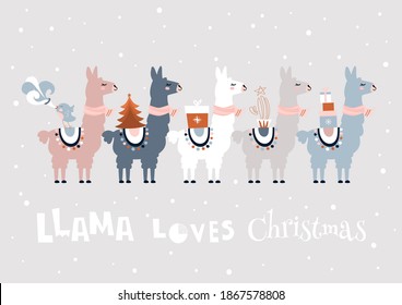 Christmas card with llama. Merry Christmas card. Llama loves Christmas