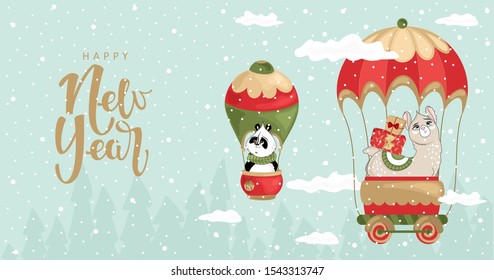 Christmas card with a Llama and a Panda in a balloon. Handwritten new year greetings. Vector illustration.