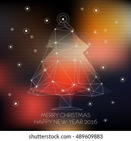 Christmas card. Low poly art abstract christmas tree on blurred background