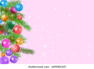 Christmas card made of pine branches with christmas balls. Empty place pink background with snowflakes. Vector illustration.